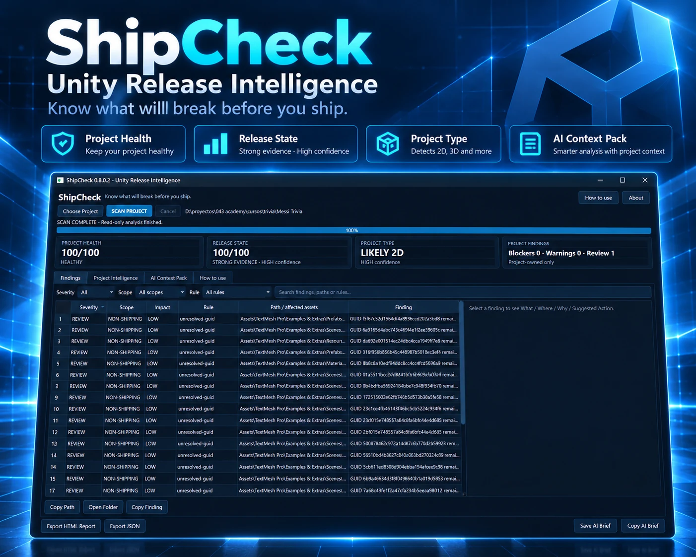ShipCheck Unity Release Intelligence interface